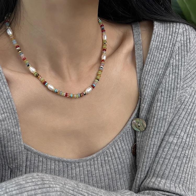 Niche Colorful Stone & Freshwater Pearl Necklace - Summer Fashion Statement Jewelry