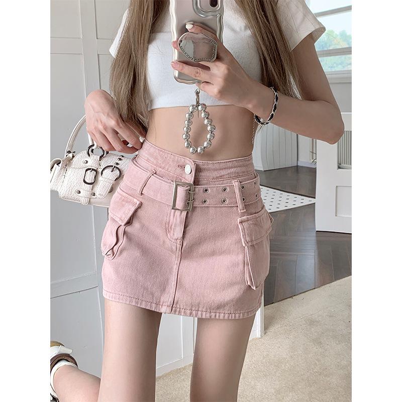 

Plus Size Women s Retro High-Waisted A-Line Denim Skirt XL рожевий