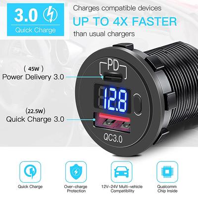 QC3.0 PD USB Billader Vanntett Med Voltmeter Bryter Hurtigladeadapter 12/24V Sigarettenneruttak Biltilbehør