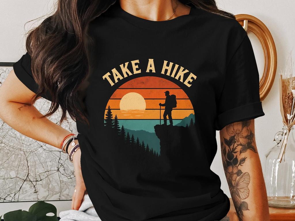 Take a Hike Retro Hiker Design - Vintage Sunset Hiking T-Shirt , Nature Lover Tee, Outdoors Adventure Shirt, Gift for Hikers