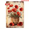 Rustic Poppies 2D Flat Metal Wall Art - 8x12" Iron Vintage Floral Sign with Red/Orange Blooms, Distressed Finish for Farmhouse