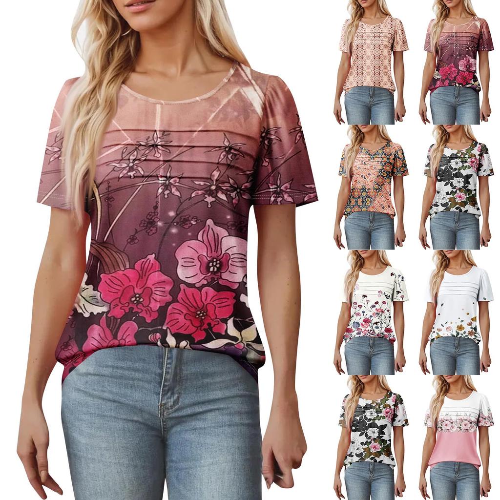 Women's T-shirt Short Sleeve Tops Elegant Casual Shirt Spring Summer Outfit Flowy Pleated Front Round Neck Summer Tops