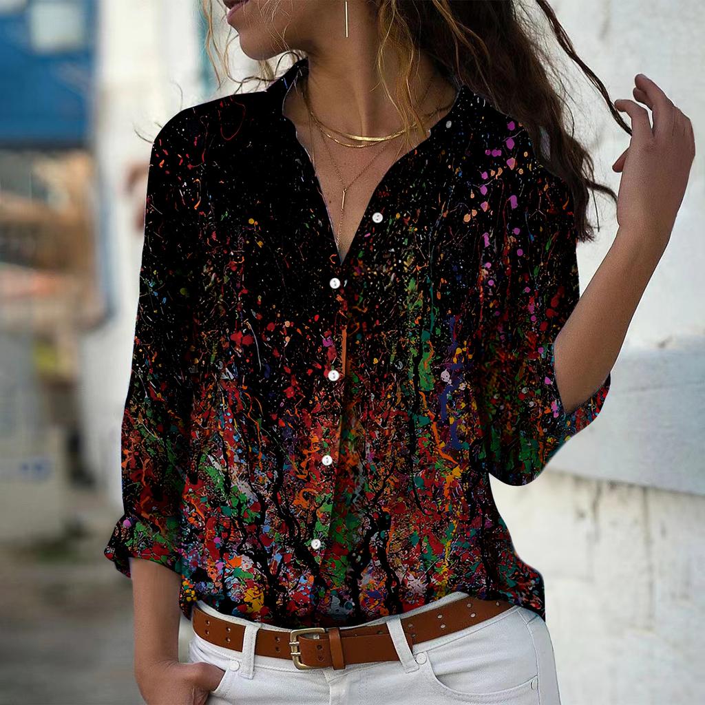 Color Tie Dyel Print Women Blouse Spring Autumn Chemise Femme Office Lady Button Up Turn Down Collar Shirts