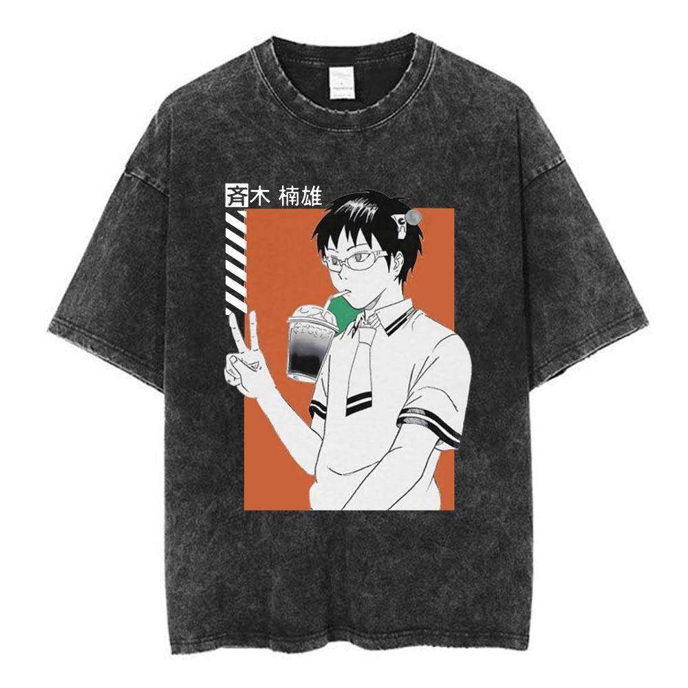Anime The Disastrous Life of Saiki K Vintage Washed Short Sleeve TShirt Saiki Kusuo Fashion Harajuku Hip Hop Casual Tee Shirts