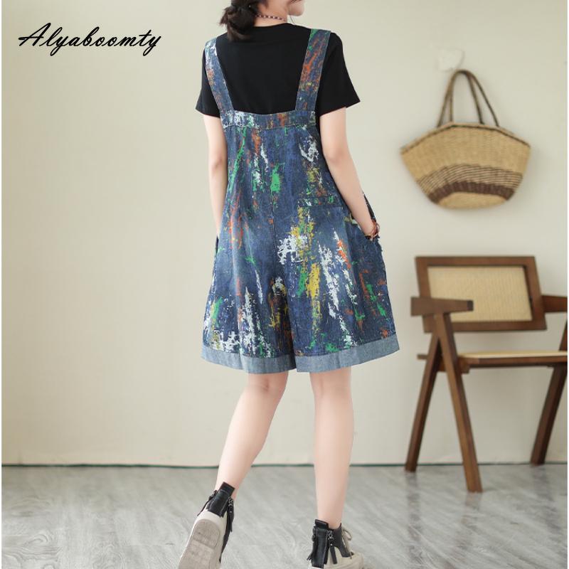 אוברול ג'ינס לנשים בסגנון קוריאני בסגנון כחול אופנתי מזדמן חליפות משחק משוחררות וינטג' רחב חורים קרועים רחב רגל קצר רומפרס