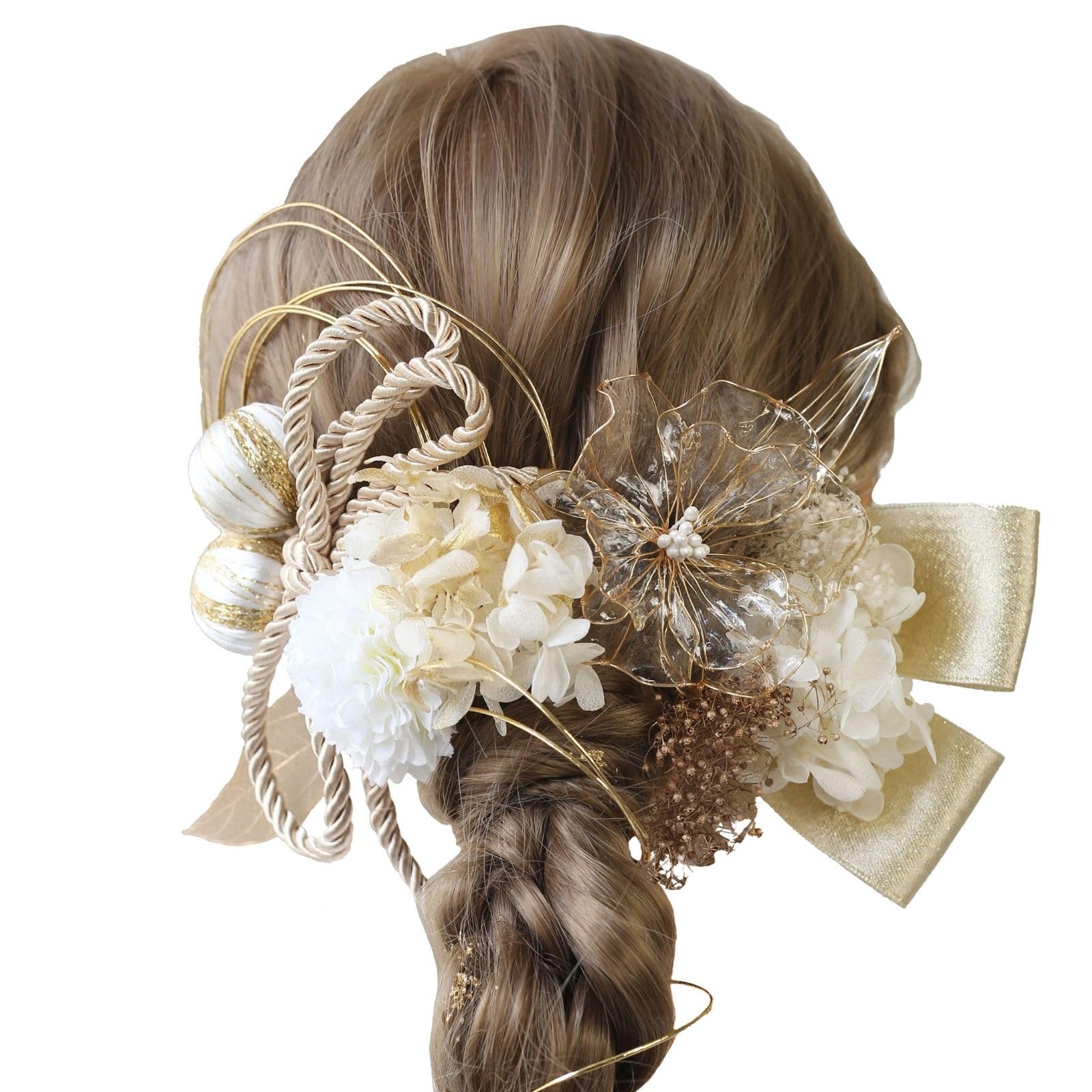 

[Bud Flower] Bud Flower Hair Ornament for Coming-of-Age Ceremony, Graduation Ceremony, Dried Flowers, Mizuhiki (decorative cord), Chrysanthemum, Gold
