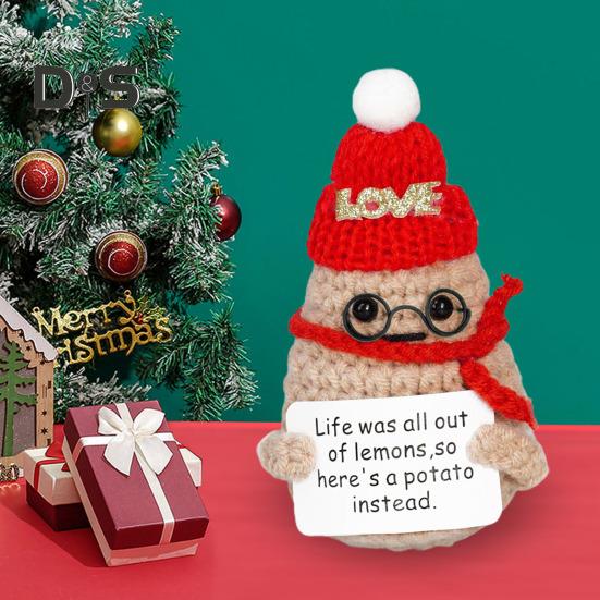 

Рождественская вязаная крючком позитивная картошка с вдохновляющей открыткой, эмоциональная поддержка, ручная вязаная рождественская шапка, кукла-картошка, украшение, праздничный подарок красный