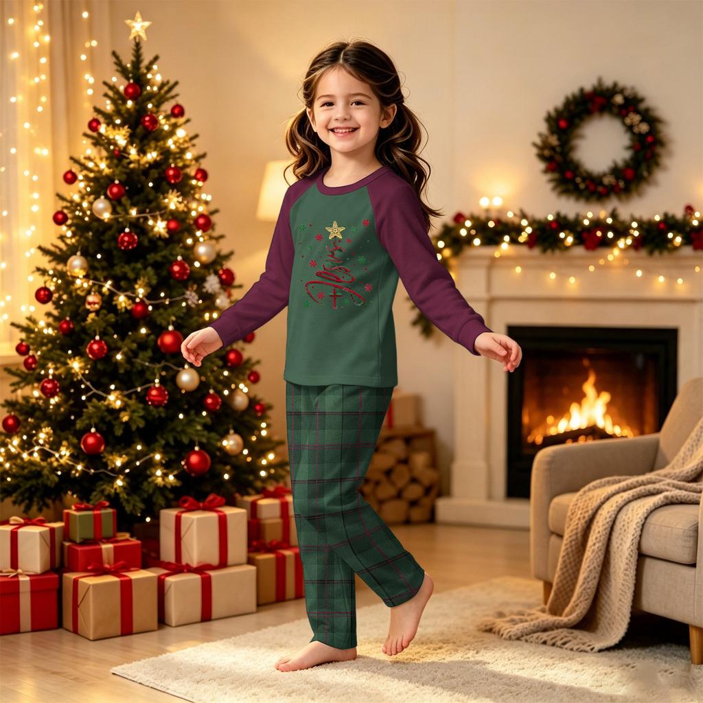 Family Matching Christmas Pajama Set with Long Sleeve Neck Top and Pants for Kids and Adults