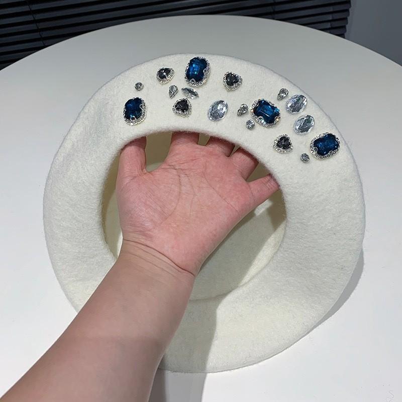 

Wool Beret Hat For Women With Water Drop Embellishments Autumn Winter Fashion Accessory White