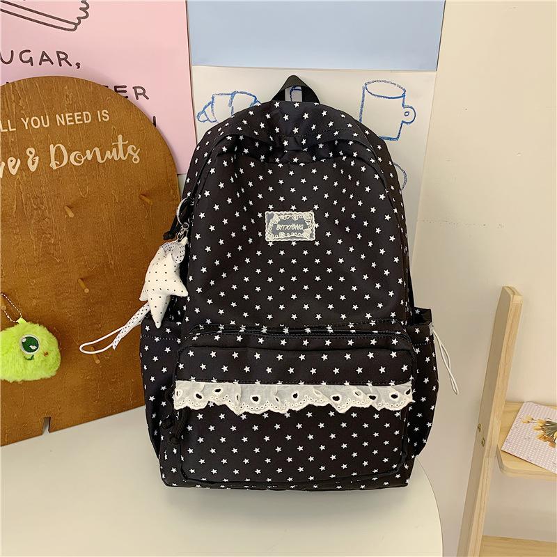 Zaino Grigio Nebbia con Ciondolo a Forma di Stella in Pizzo Borsa da Scuola Femminile Semplice a Pois Vento Gentile Zaino Grande Capacità per Studenti delle Scuole Medie