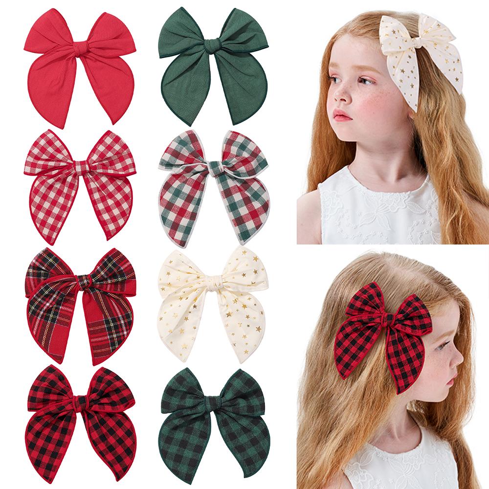2pcs Christmas Bows Hair Clips for Baby Girls 5.7 Inch Cheer Bowknot Hairpin Classic Plaid Handmade Kids Hair Accessories