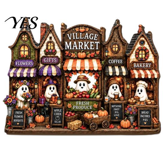 Haunted House Wall Decoration Halloween Wooden Hanging Pendant with Hemp Rope for Door Autumn Seasonal Art Decoration, Castle Ornaments Pumpkin Ghost