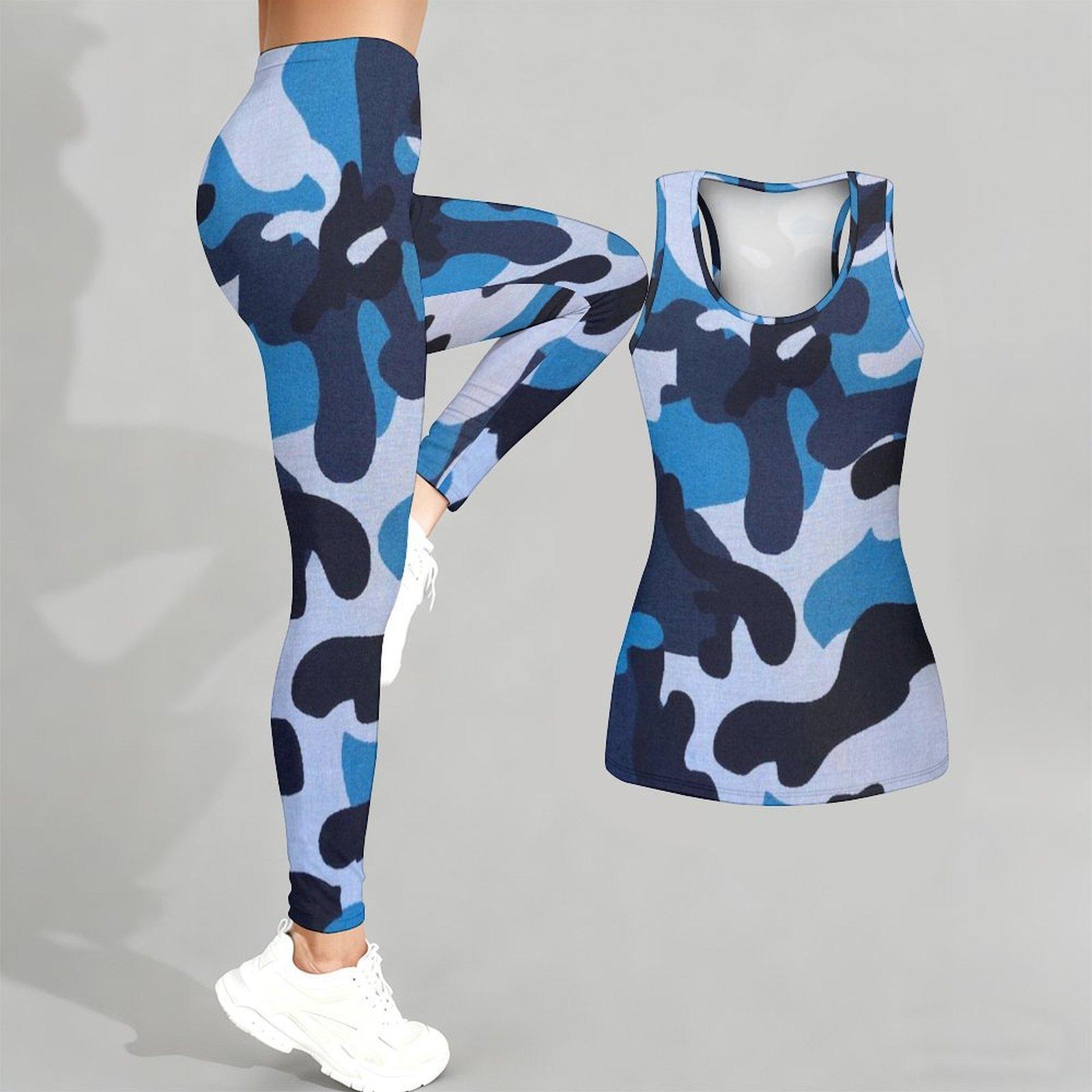 

Камуфляжний комплект для йоги для жінок Модні легінси для тренувань Спортивний костюм для фітнесу Повсякденний набір для йоги Спортивний костюм XXL темно-синього кольору