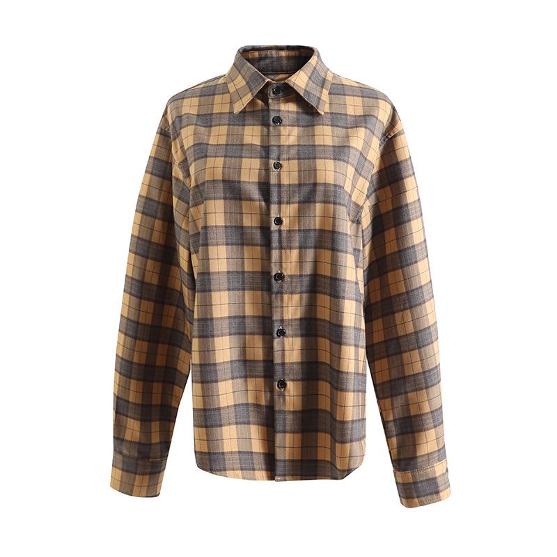 

Женская ретро клетчатая рубашка свободного кроя с желтым лацканом и длинным рукавом Small жёлтый