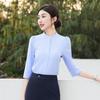 Telo Man Women's Blue Striped 3/4 Sleeve Stand Collar Shirt