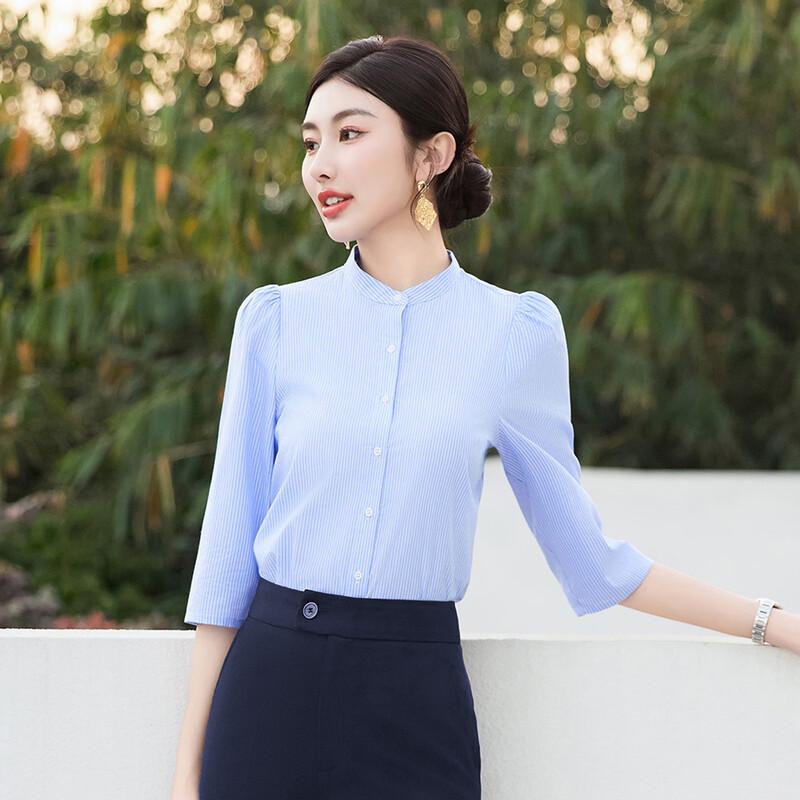 Telo Man Women's Blue Striped 3/4 Sleeve Stand Collar Shirt