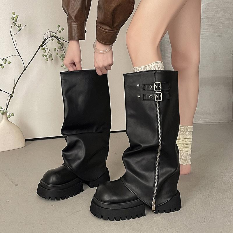 Módní univerzální platformové boty na hrubém podpatku Dámské 2025 Podzim a zima Platformové punkové kalhotové boty se sukní