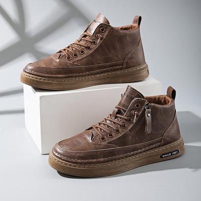 Autumn And Winter Leather High-Top Board Shoes Solid Color Flat-Bottom Work Leisure Sports Free Lace-Up Trendy Men'S Shoes