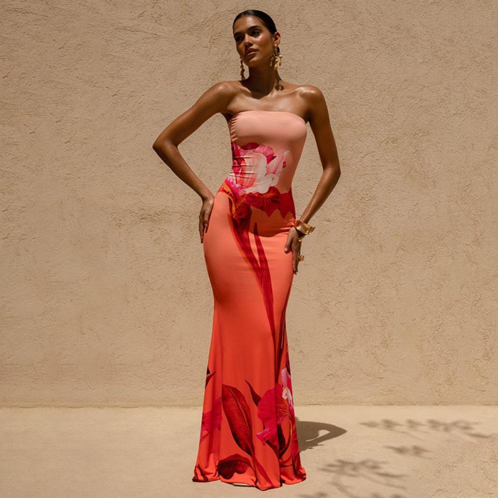 Women's Strapless Sleeveless Mermaid Maxi Dress Slim Elastic Waist Tropical Floral Milk Silk Micro Elastic Backless Party Evening Long Dress
