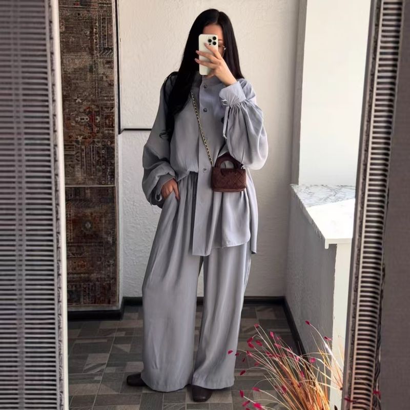 

Западный стиль Новая мода Свободные повседневные рубашки Широкие брюки Комплект Рубашка и брюки Костюмный комплект Gray XL