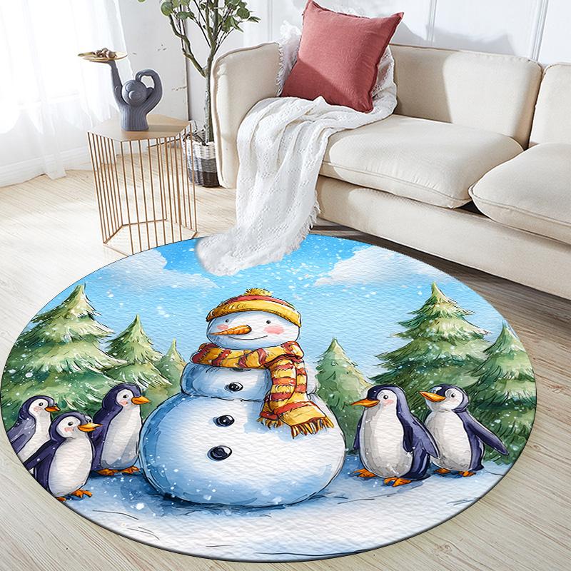 Snowy Day Penguin,Round Area Rug,Carpet Rug for Living Room Bedroom Sofa Playroom Decor,Non-slip Floor Mat