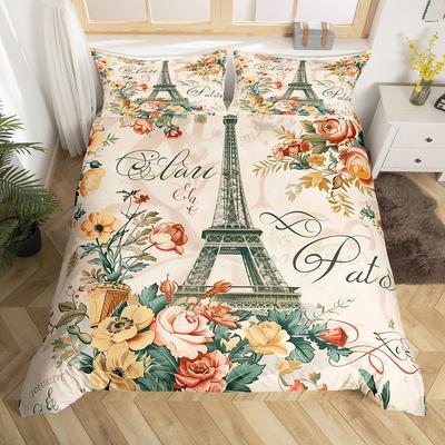 Vintage Eiffel Tower Twin King Duvet CoverRomantic Paris Floral Bedding Set for Kids AdultsFrench Style Flower Comforter Cover