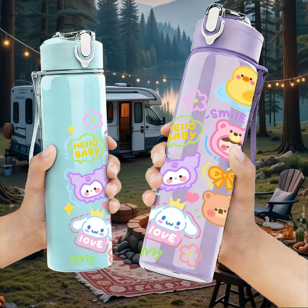 1PC Cute Mixed Cartoon Character Sticker Design 750ml Color Plastic Sports Water Bottle Leakproof Flip Straw Lid Suitable for Sports Office Home Use