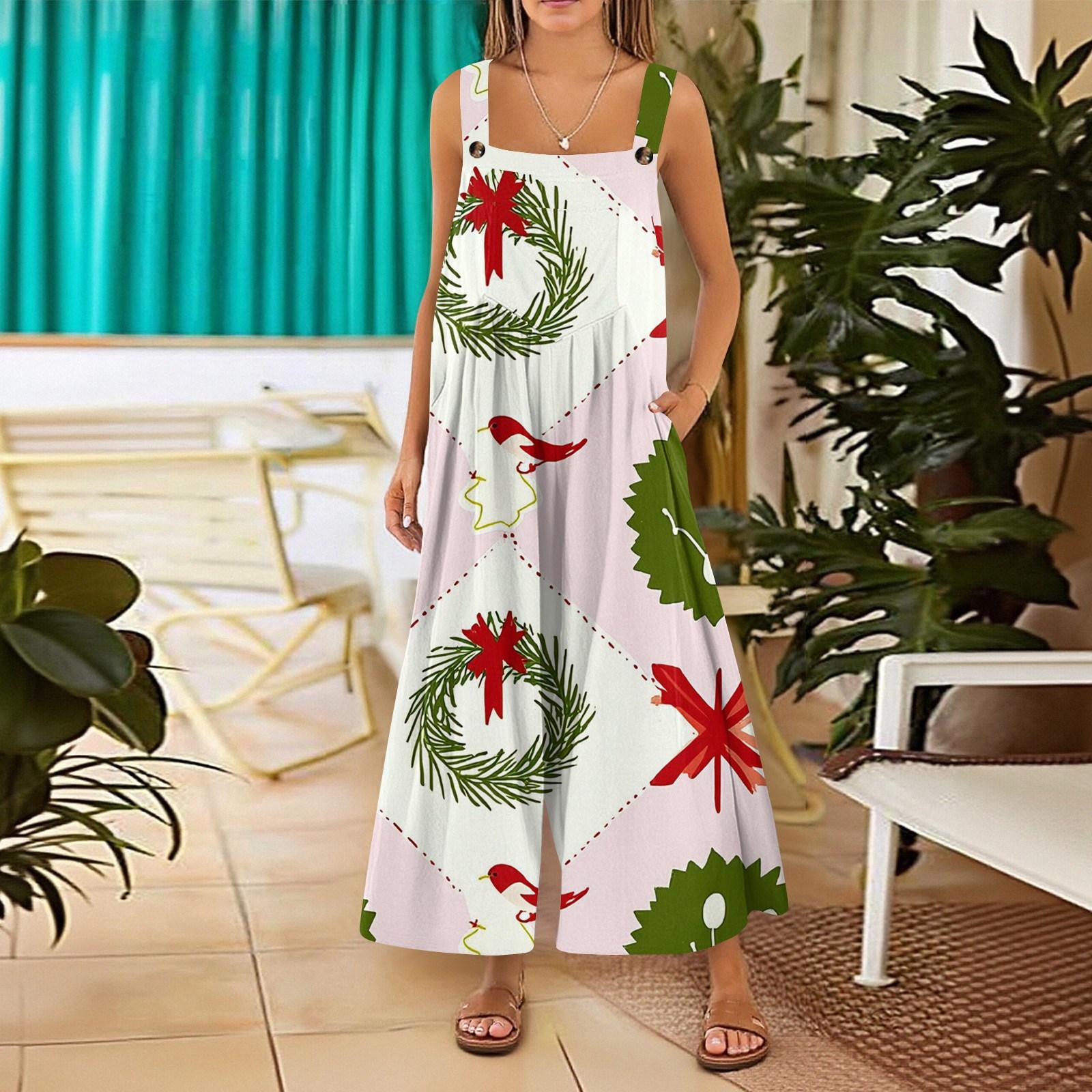 

Женский повседневный комбинезон без рукавов с рождественским принтом из хлопка XL розовый