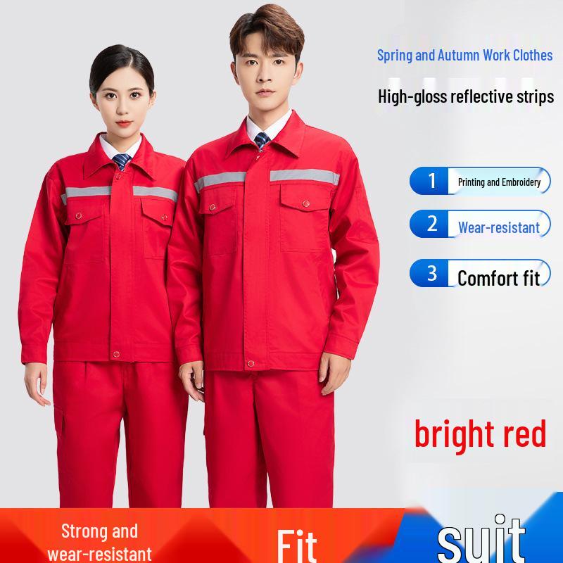 Reflective Polyester Cotton Workwear Set - Durable, Dirt-Resistant Clothes for Spring and Autumn Construction and Workshop Use