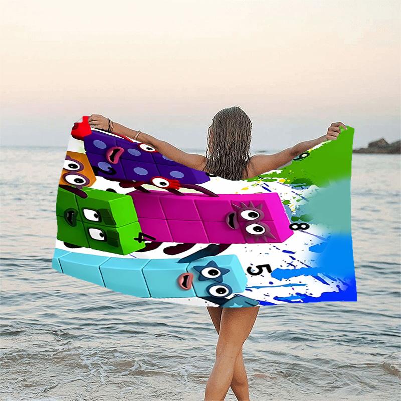 1pc 3D-Number-Blocks-Cartoon Beach Towel, Sports Cape, Beach and Seaside Swimming Pool Equipment, Fashion Pattern, Rectangular, Travel Essentials