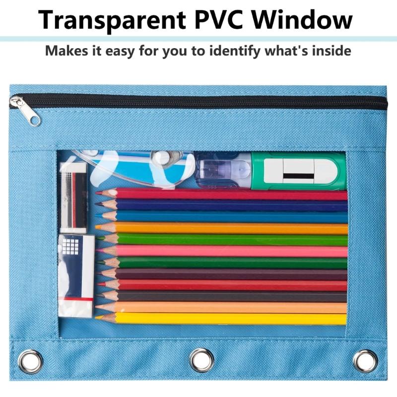 6 Pcs Zippers Pen Bag 3 Rings Binders Pencil Case File Bag Clear Window Pencil Box For Erasers Rulers Markers Storage