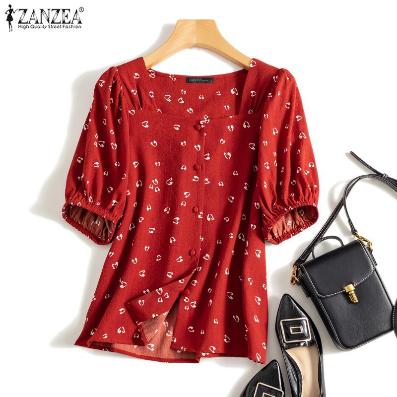 

ZANZEA Женская повседневная летняя блузка с квадратным вырезом и короткими рукавами с принтом