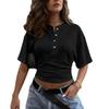 Women's Casual Short Sleeve V Neck Button Down Crop Top with Waist Ruched Design Slim Fit T Shirt