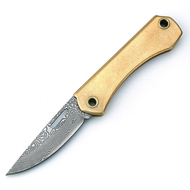 Damascus/D2 Steel Sharp Blade Brass Handle Mini Folding Knife, Keychain Utility Knife for Outdoor Camping Hiking Daily EDC Tool