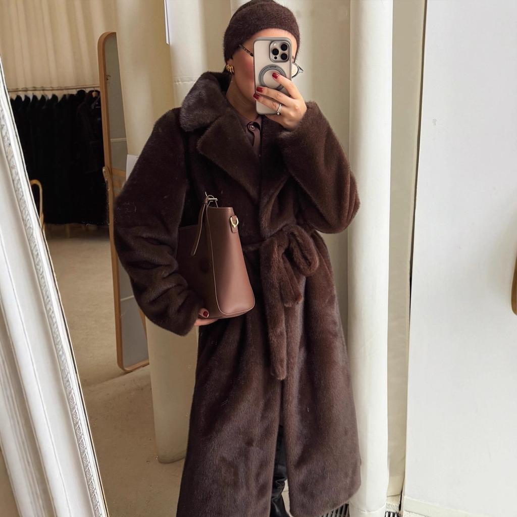 Luxury New Women’s  Artificial Faux Mink Fur Longline Belted Thick Warm Winter Coat