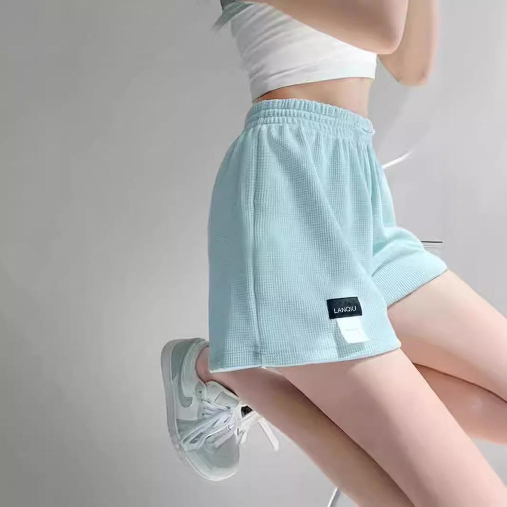 Waffle Shorts, Loose Sports Shorts Women's Elastic Waist Wide Leg Hot Pants Casual Skinny High Waist Straight Home
