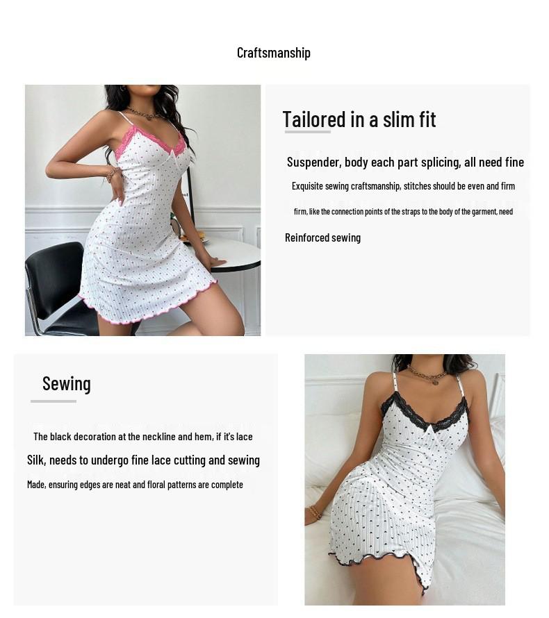 2025 Heart Print Slim Fit Lace V-Neck Women's Camisole Nightgown Pajamas