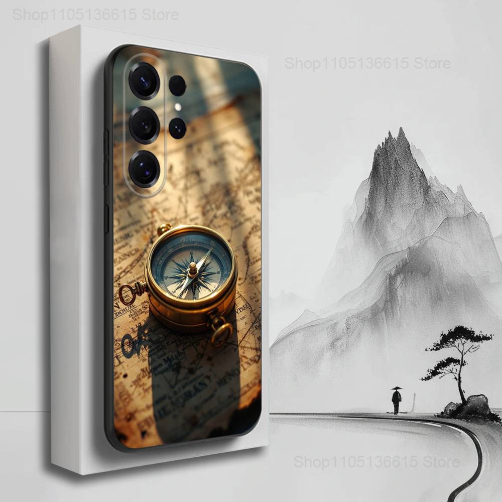 Art Navigation Compass For Samsung S9,S10,S20,S10,S21,S25,S24,S23,Ultra,FE,Plus,Lite,Soft Silicone Black Case
