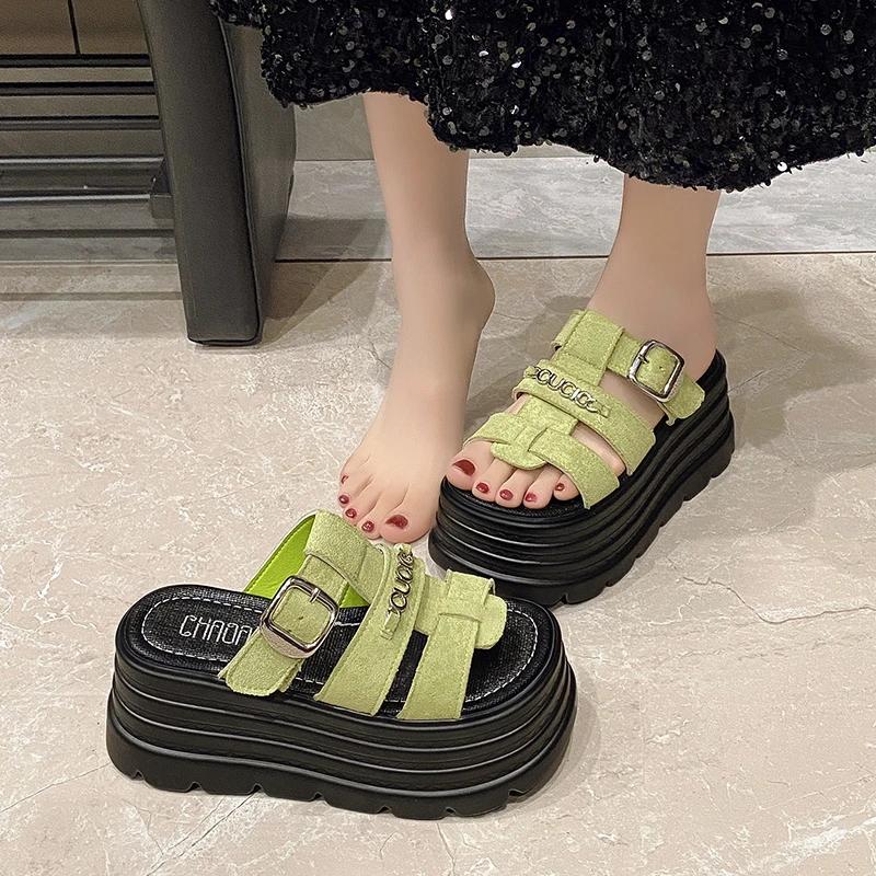Moda 8CM Verão Plataforma Alta Sandálias Femininas Salto Anabela Chinelos Moda Novo Praia Exterior Sandálias Chunky Conforto Casual Slides Mulher