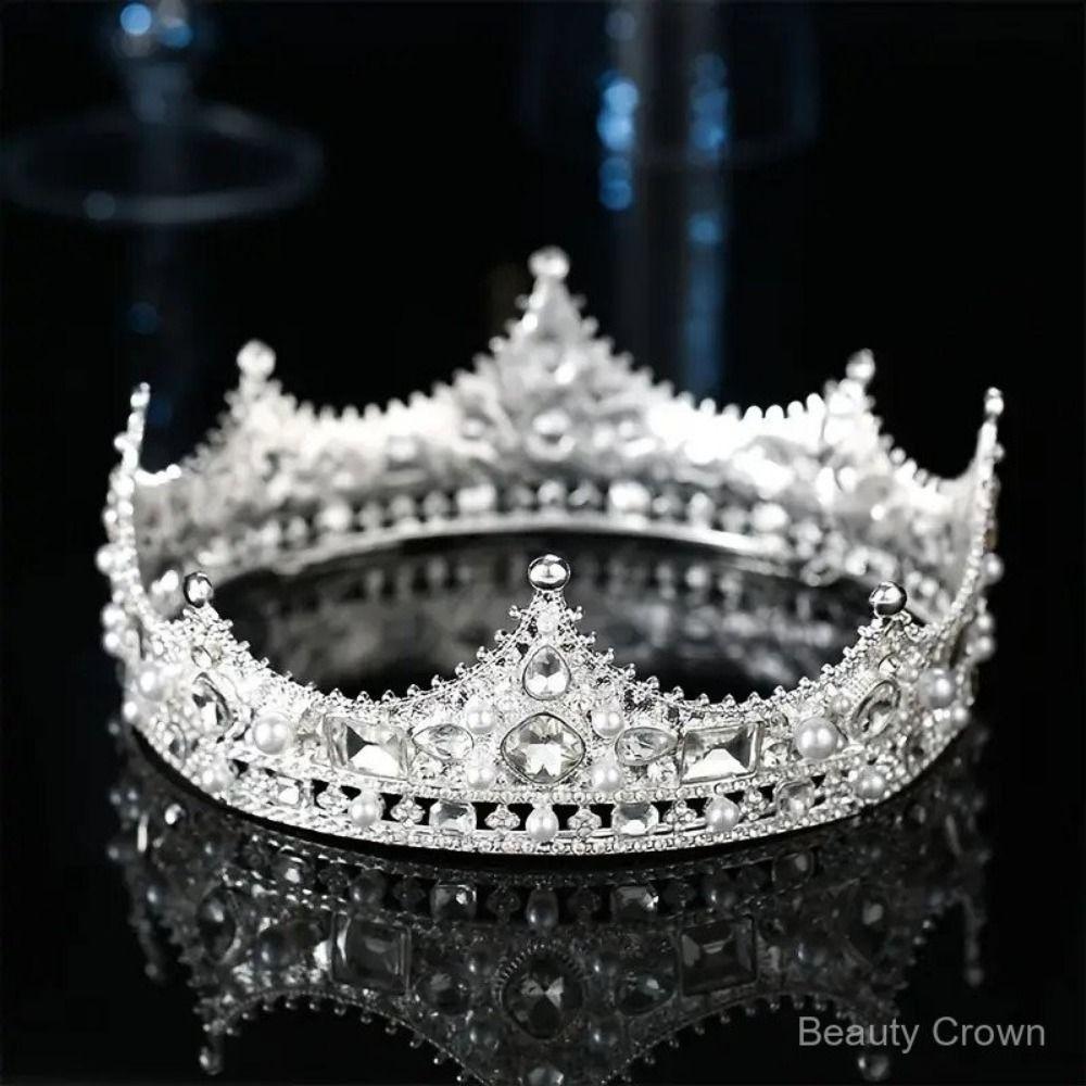 Rhinestone Bridal Tiara Crown Round Shape Wedding Hair Jewelry Vintage Baroque Crown  Costume Party