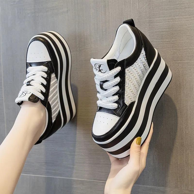 12cm New Air Mesh Leather Genuine Platform Wedge Flats Summer Spring Boot Ankle Women High Brand White Fashion High Heels Shoes