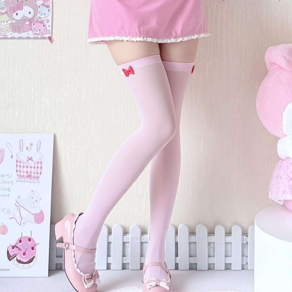 In-Stock Pink Over-the-Knee Women's Socks, Summer Thin Style with Bow, JK Ballet Style White Stockings