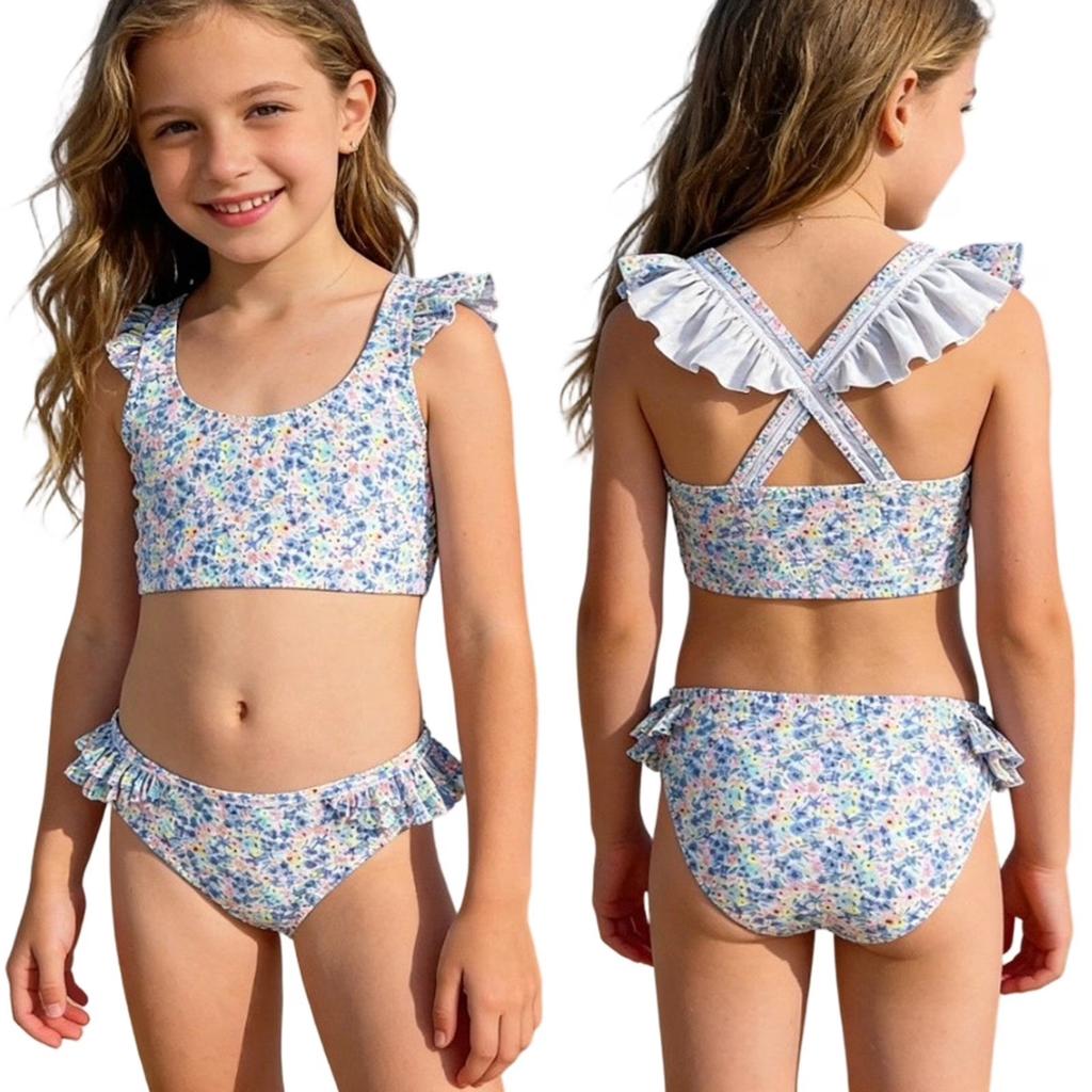 Girls Two Piece Swimsuit Set Floral Print Ruffle Trim Tankini Top and Bikini Bottom Swimwear for Kids Summer Beach Pool