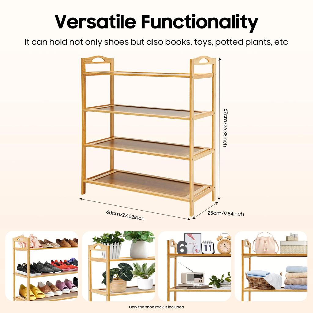 4-Layer Natural Bamboo Shoe Rack, Multi-Functional Open Shoe Storage Rack,  for Entryway, Hallway,Closet Shoe Organization
