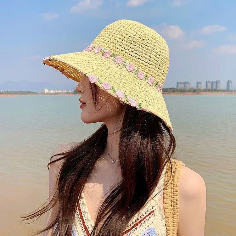 Summer Seaside Vacation Style Straw Visor Women's Large Brim Sun Protection Bucket Hat Ethnic Style Flower Lace-up Straw Hat