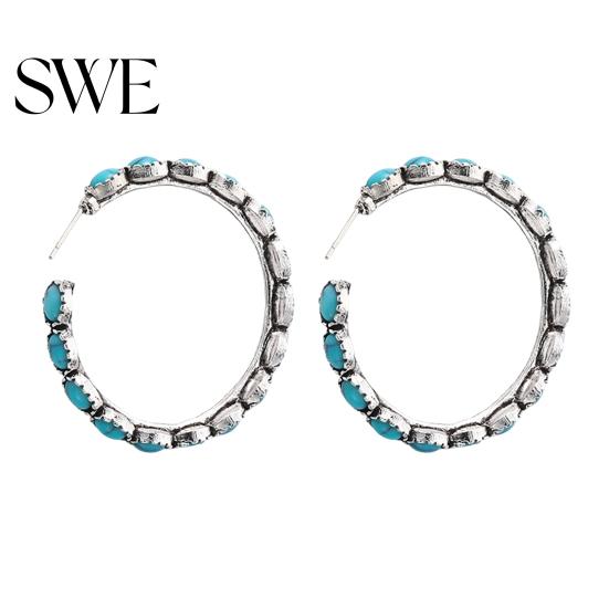 Turquoise Hoop Earrings Vintage Boho Style Circle Large Statement Elegant Plated Jewelry for Women