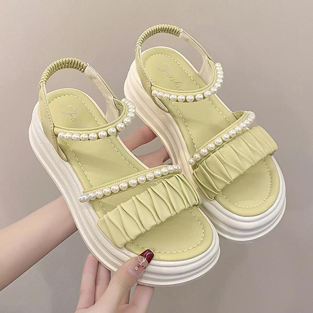 Taoffen Casual Sandals For Women Breathable Exposed Toes Pearl Sandals Lightweight Soft Elastic Band Thick Sole Height Increasing Shoes