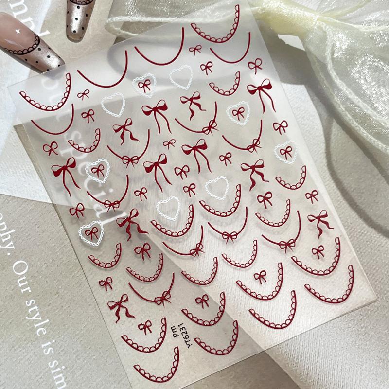 Embossed Knitting Bow Nail Stickers Love Heart 3D Relief Self Adhesive Nail Art Decorations Decals Accessory
