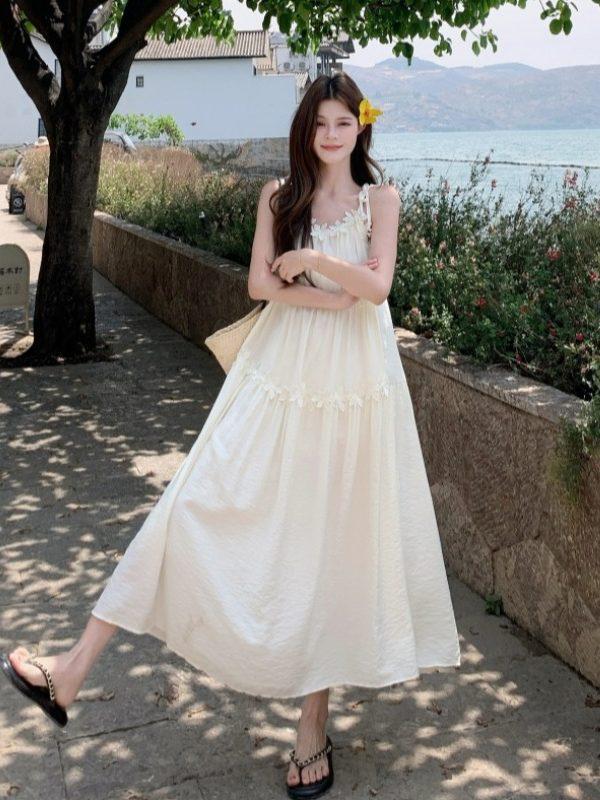 Spring 2026 French Holiday 3D Floral Tiered Camisole Dress for Women