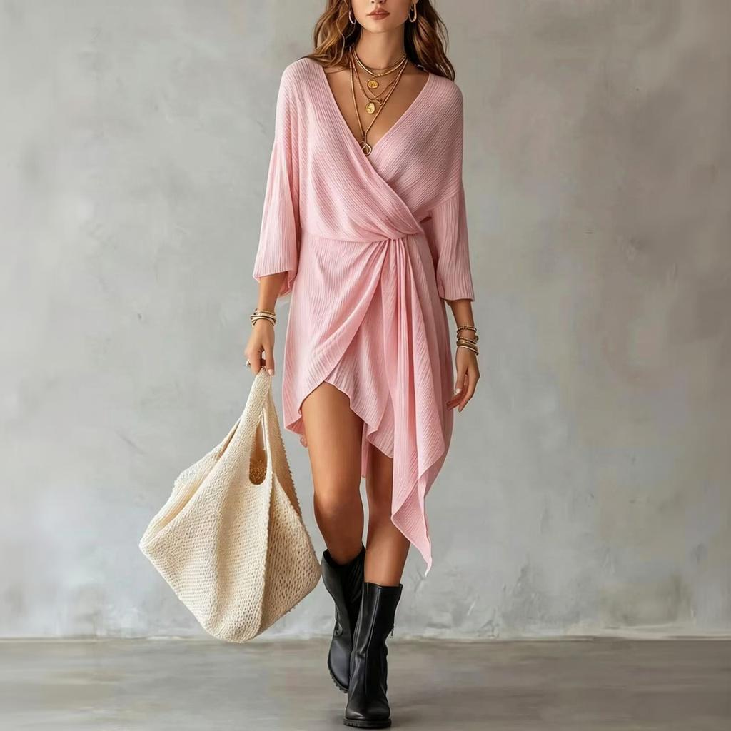 Women's Loose Fit Wrap V-Neck Knit Short Dress with Three-Quarter Sleeves and Irregular Hem